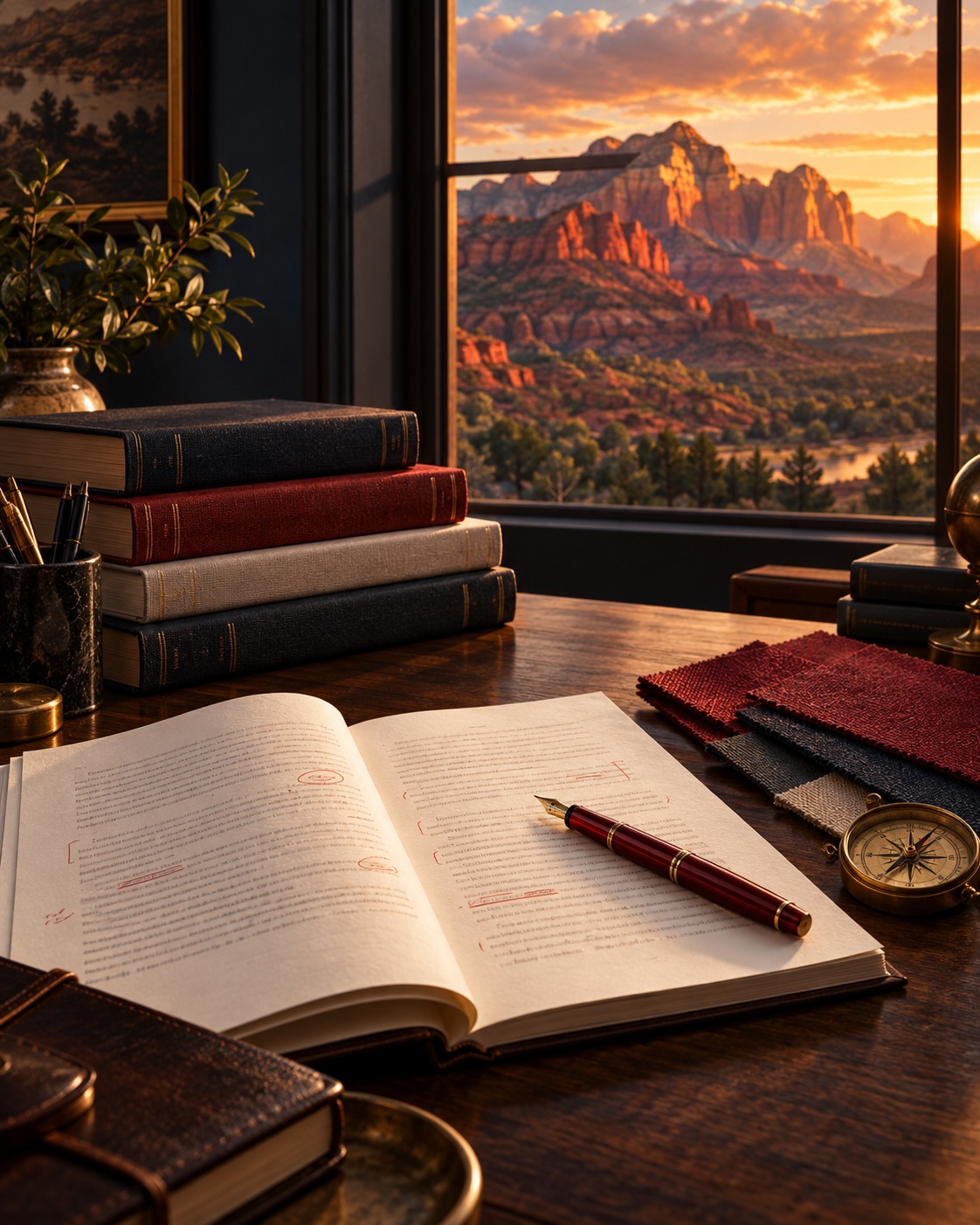 Open book, writing pen, and publishing materials beside a window